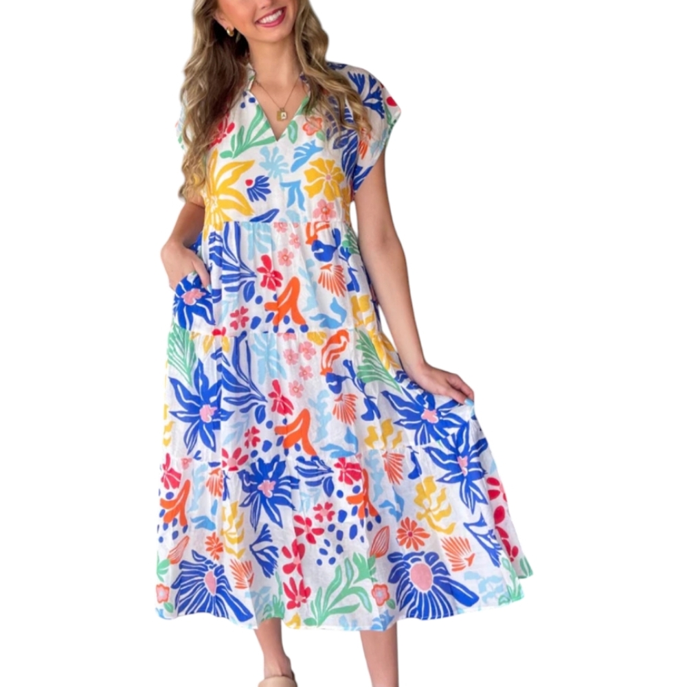 THML White Maxi Dress with Blue, Yellow, Orange & Green Floral Print